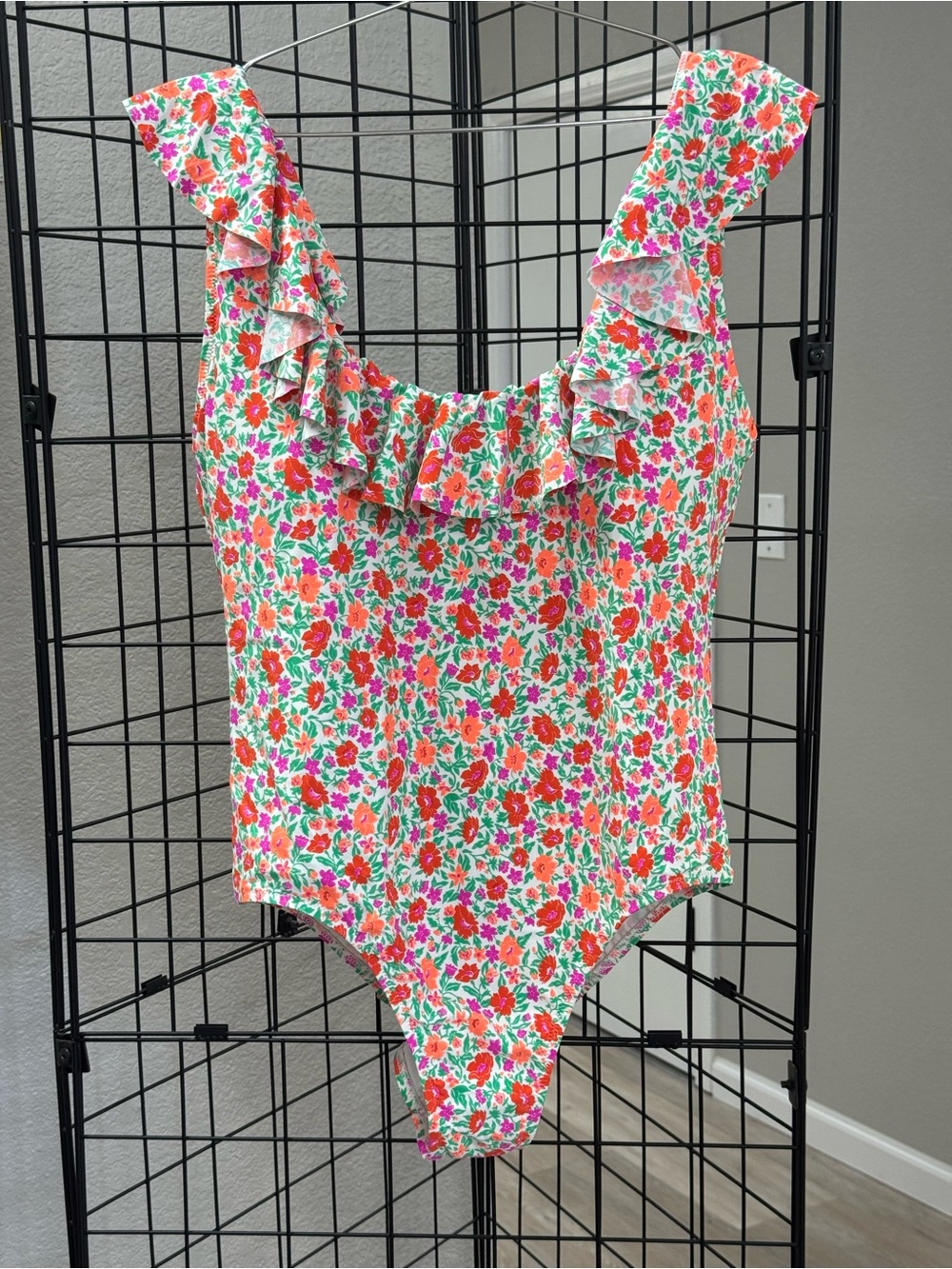 J. Crew Floral Ruffle One-Piece Swimsuit - White, Pink & Green Size 18 NWT